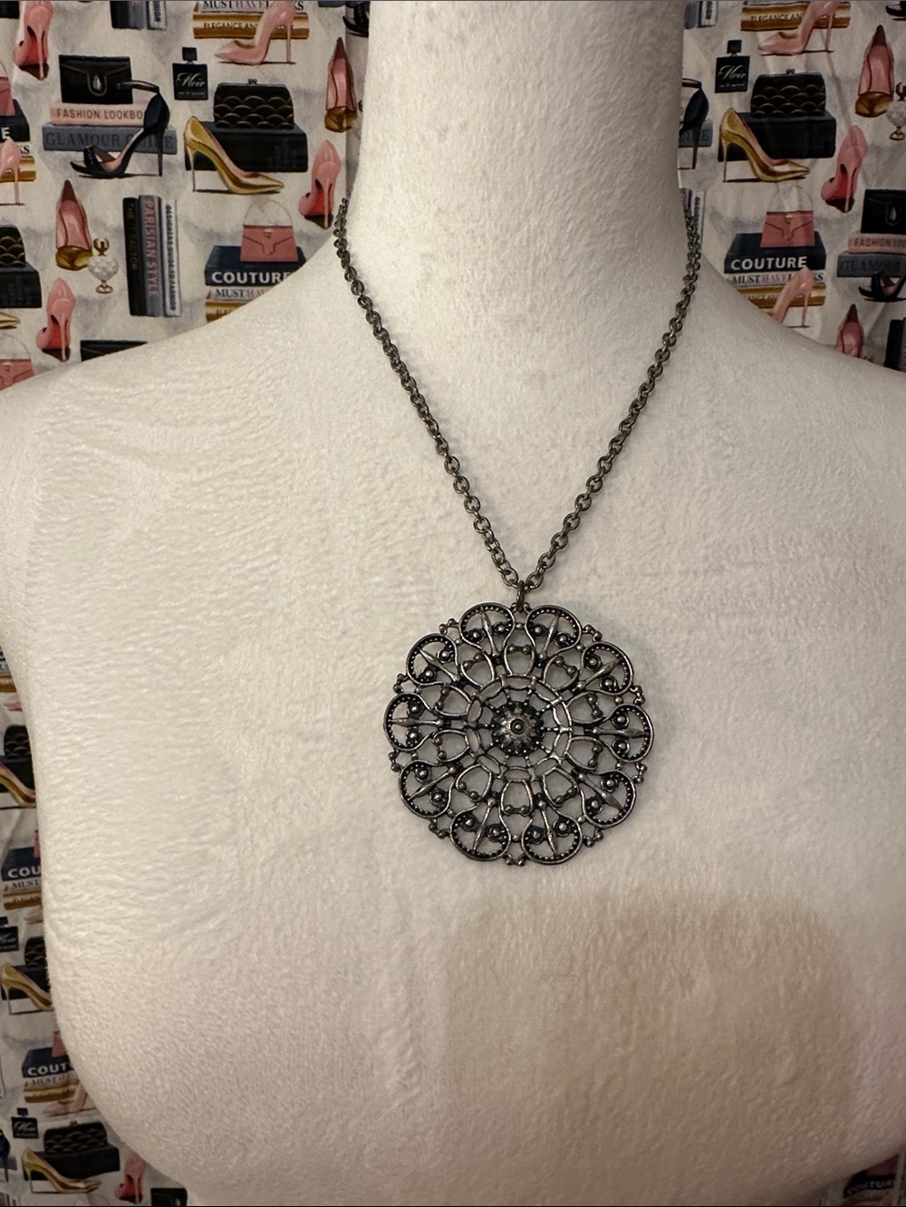 Gunmetal Filigree Medallion Pendant Necklace